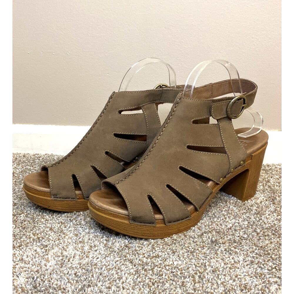 Dansko Demetra Taupe Milled Nubuck Heel Sandal Women 41(11-11.5) Peep Toe Boho